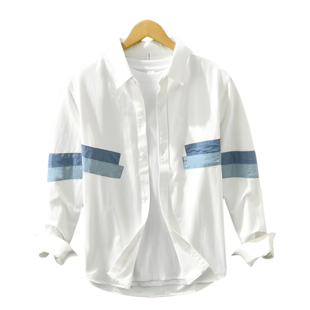 Cotton Blend Button-Down Shirt with Striped Sleeves