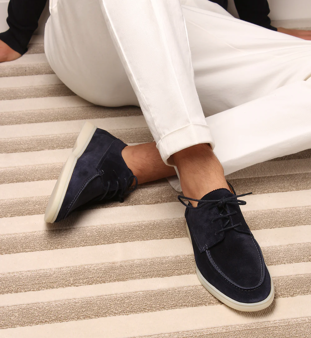 Men’s Suede Loafers – Lace-Up Closure – White Sole – Sleek Structured Fit