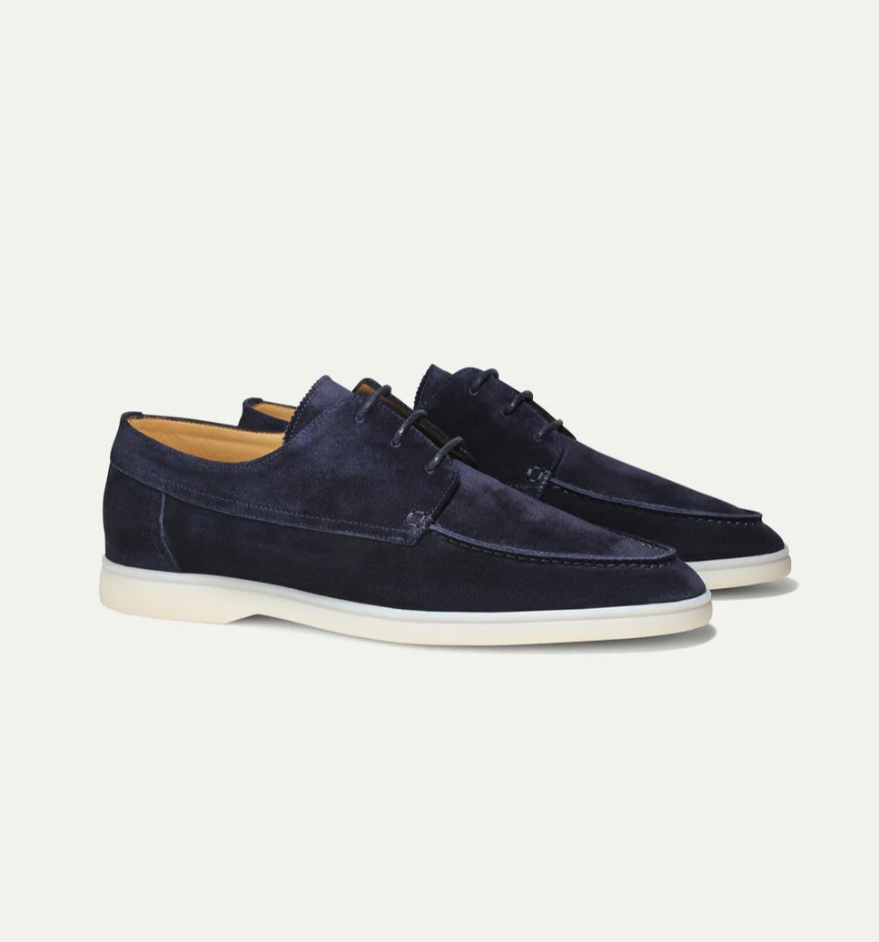 Men’s Suede Loafers – Lace-Up Closure – White Sole – Sleek Structured Fit