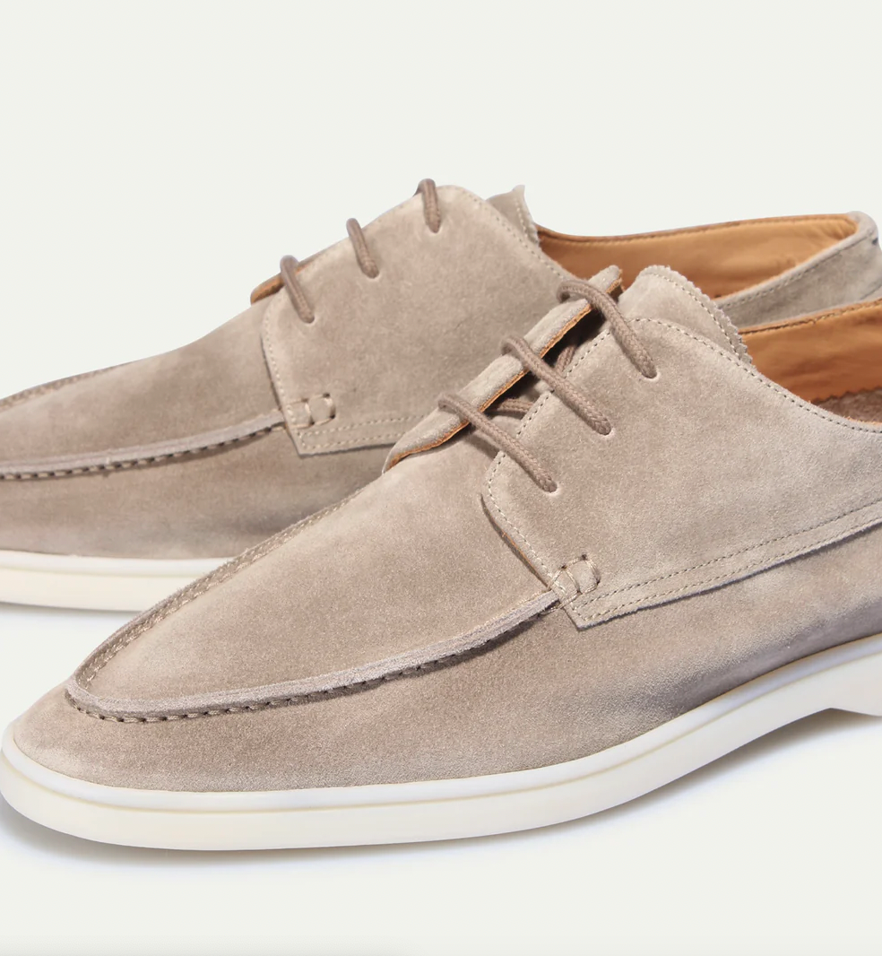 Men’s Suede Loafers – Lace-Up Closure – White Sole – Sleek Structured Fit