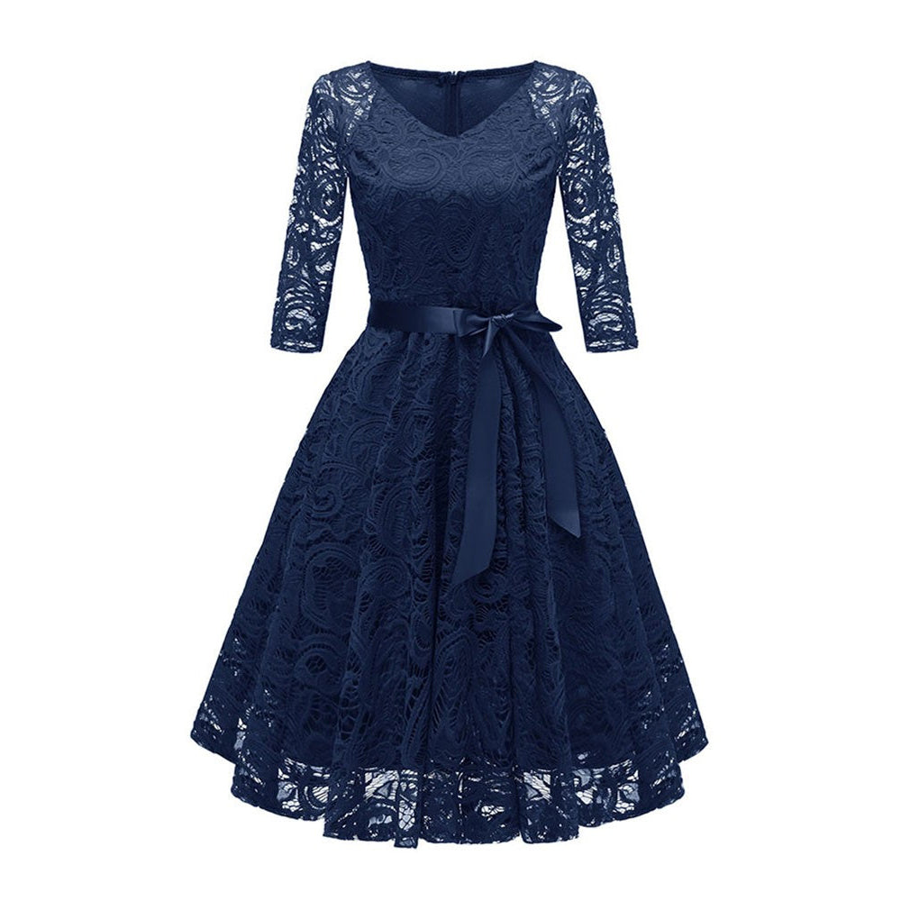 Lace Fit and Flare Midi Dress with V-Neck and 3/4 Sleeves