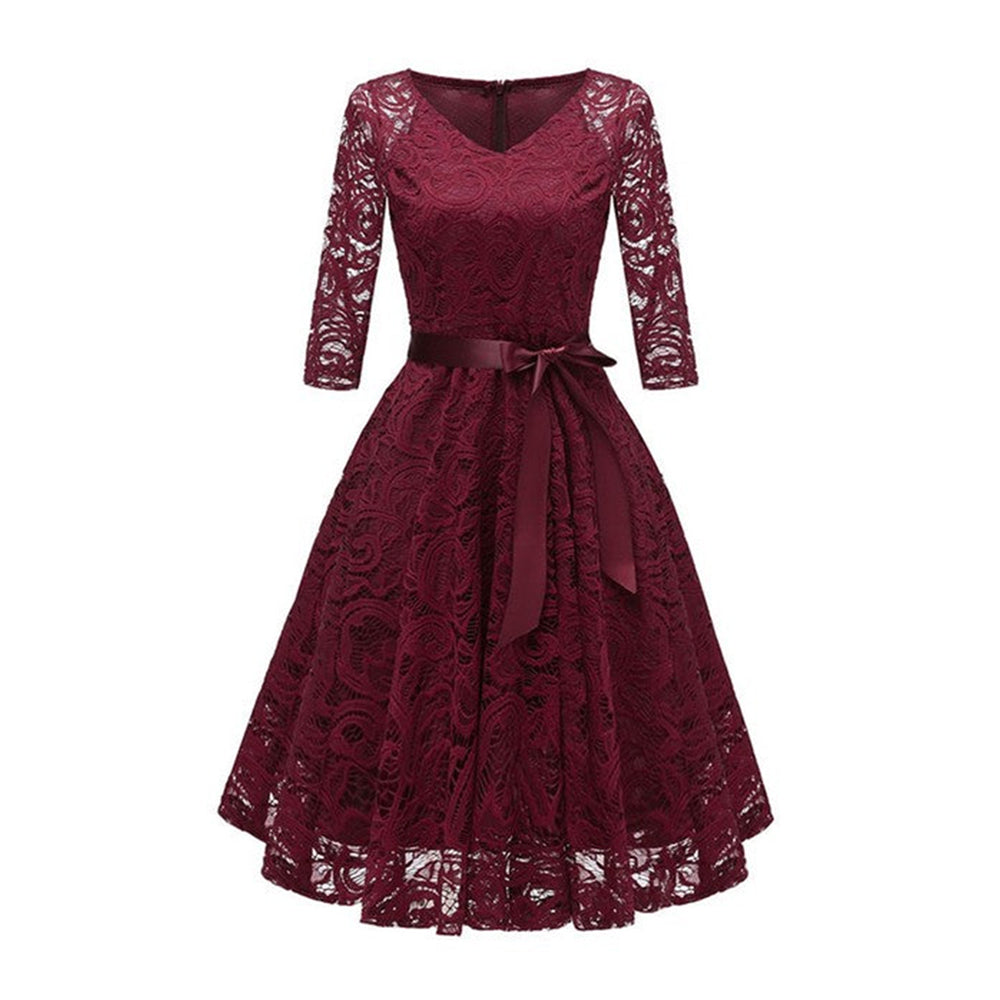 Lace Fit and Flare Midi Dress with V-Neck and 3/4 Sleeves