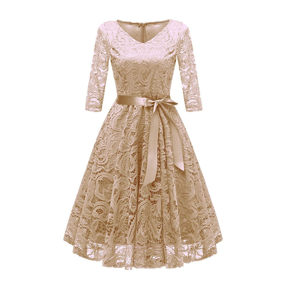 Lace Fit and Flare Midi Dress with V-Neck and 3/4 Sleeves