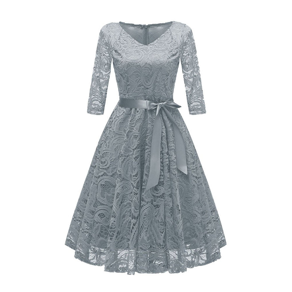Lace Fit and Flare Midi Dress with V-Neck and 3/4 Sleeves