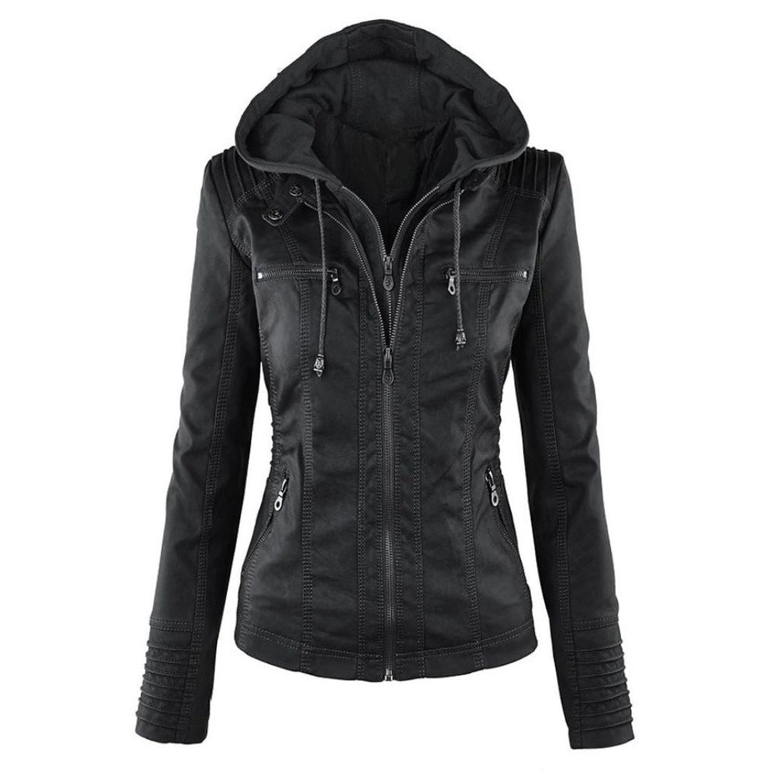 Slim Fit Faux Leather Hooded Jacket with Zipper Pockets