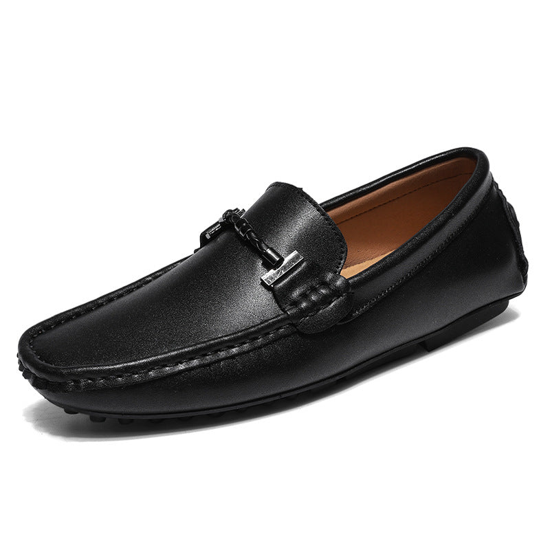 Men’s Loafers – Leather Slip-On – Metal Buckle – Round Toe – Textured Sole