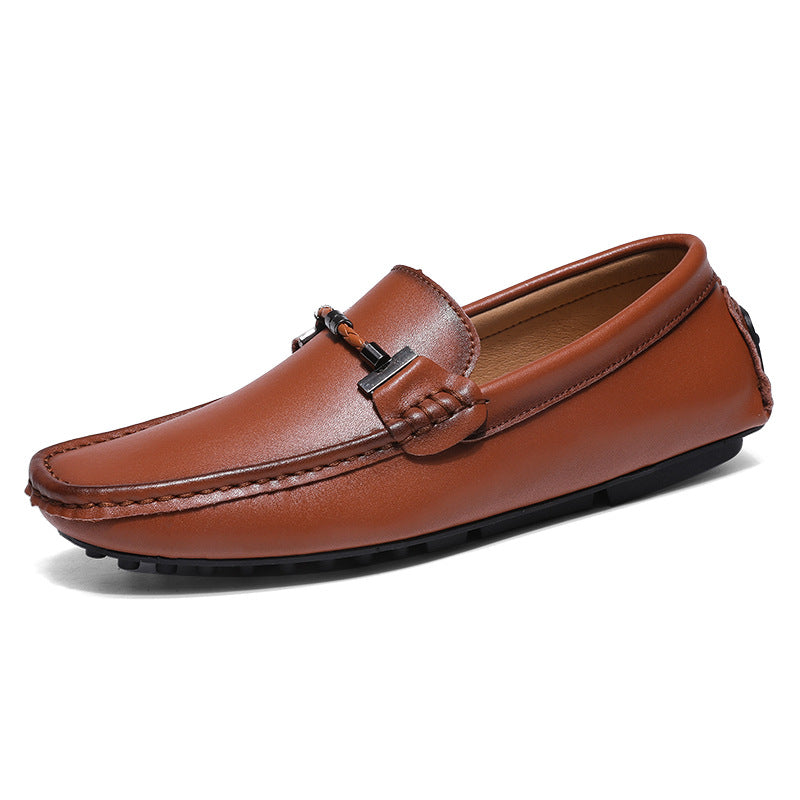 Men’s Loafers – Leather Slip-On – Metal Buckle – Round Toe – Textured Sole