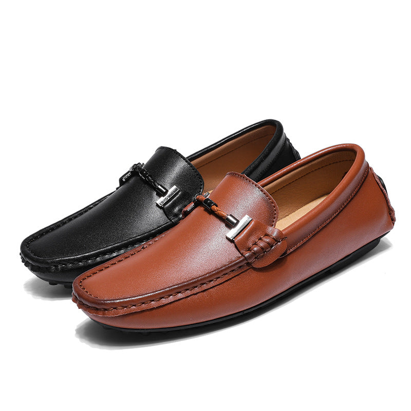 Men’s Loafers – Leather Slip-On – Metal Buckle – Round Toe – Textured Sole