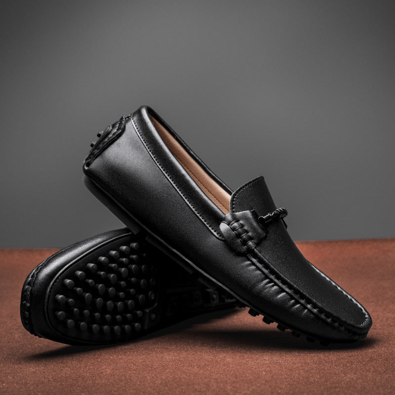 Men’s Loafers – Leather Slip-On – Metal Buckle – Round Toe – Textured Sole