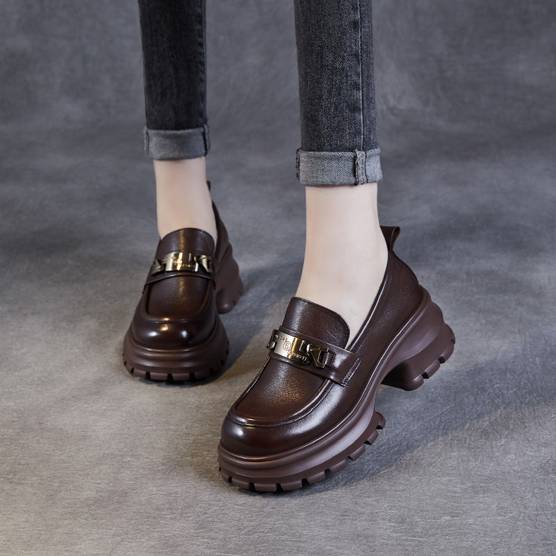 Women’s Loafers – Genuine Leather – Chunky Platform Sole – Metallic Detail – Structured Fit