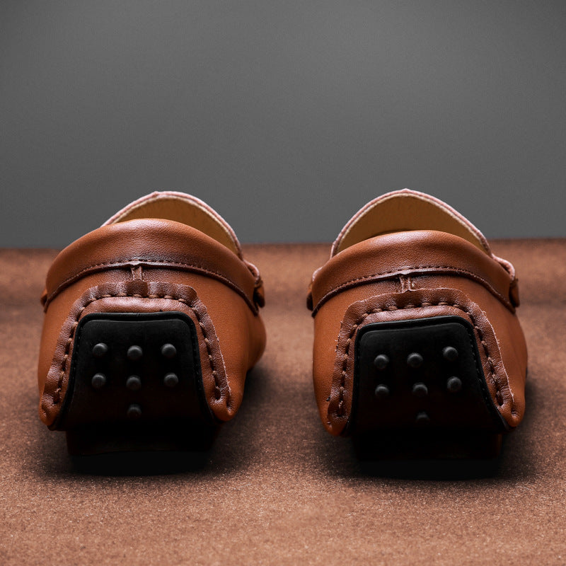 Men’s Loafers – Leather Slip-On – Metal Buckle – Round Toe – Textured Sole