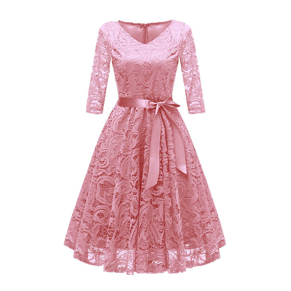Lace Fit and Flare Midi Dress with V-Neck and 3/4 Sleeves