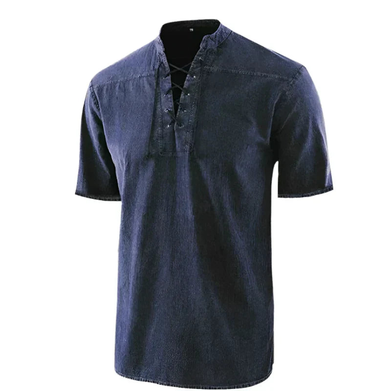 Men's V-Neck Lace-Up Short Sleeve Casual Shirt in Cotton Blend