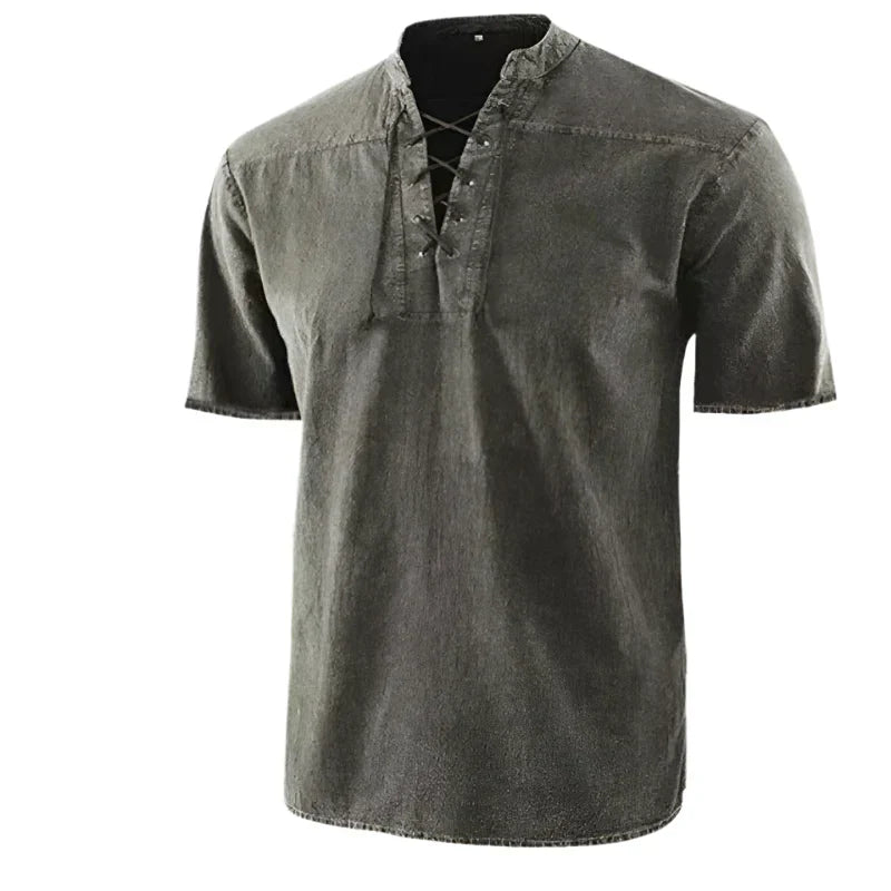Men's V-Neck Lace-Up Short Sleeve Casual Shirt in Cotton Blend