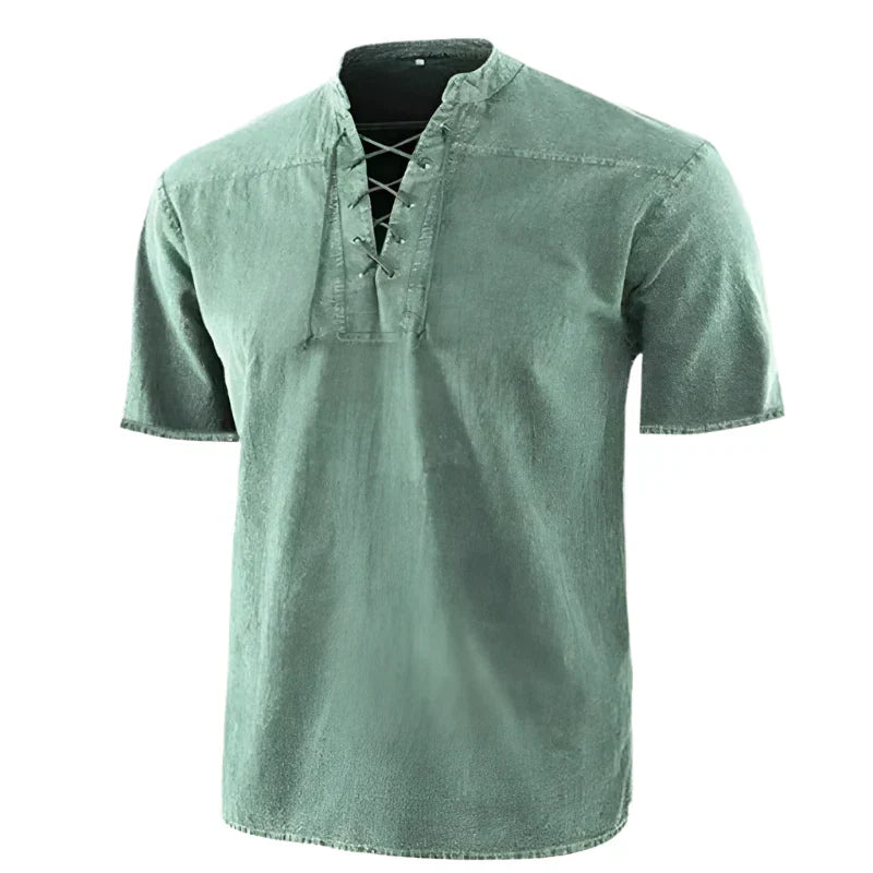 Men's V-Neck Lace-Up Short Sleeve Casual Shirt in Cotton Blend