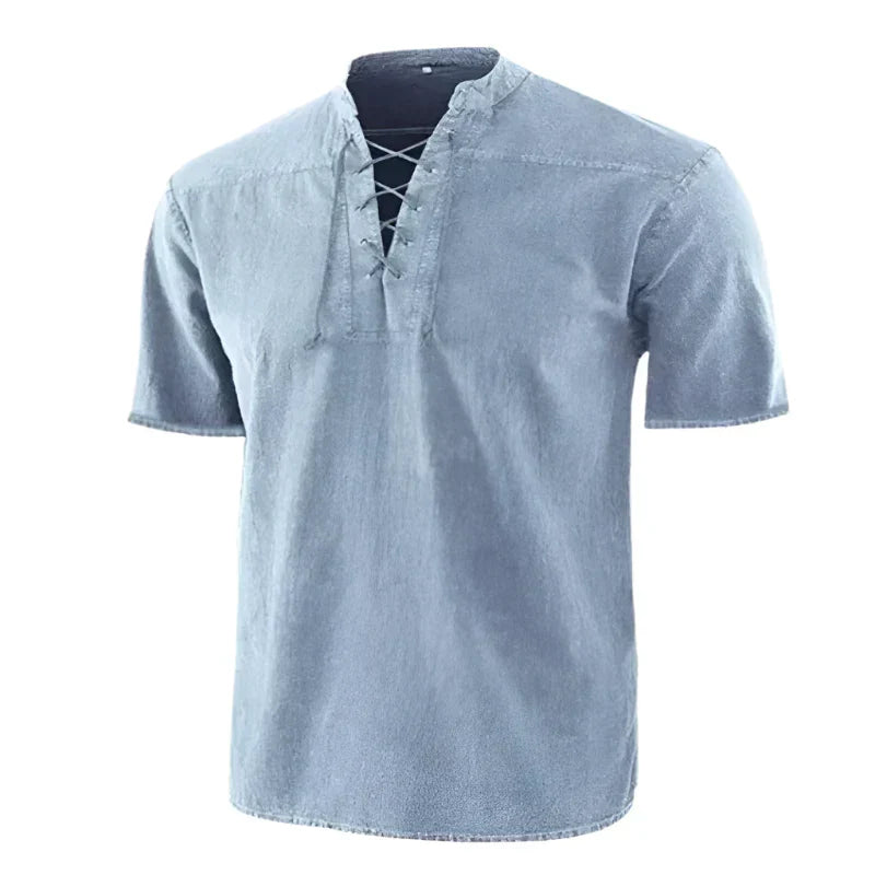 Men's V-Neck Lace-Up Short Sleeve Casual Shirt in Cotton Blend