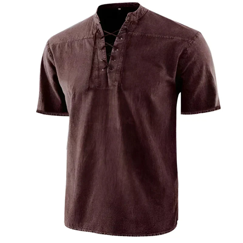 Men's V-Neck Lace-Up Short Sleeve Casual Shirt in Cotton Blend