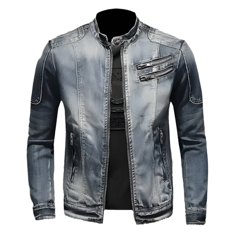 Slim Fit Denim Jacket with Zip Pockets and Band Collar