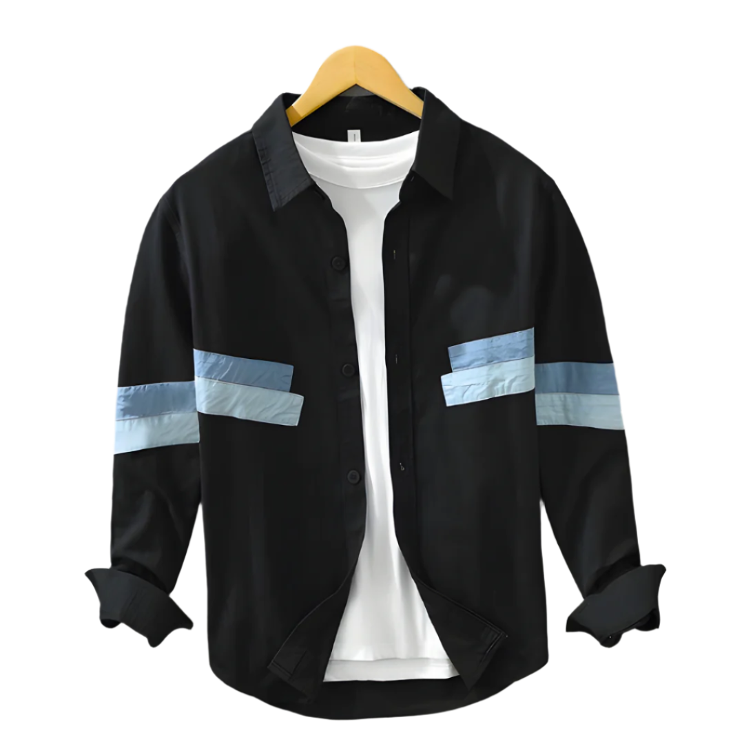 Cotton Blend Button-Down Shirt with Striped Sleeves