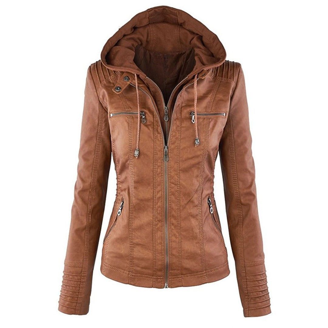 Slim Fit Faux Leather Hooded Jacket with Zipper Pockets