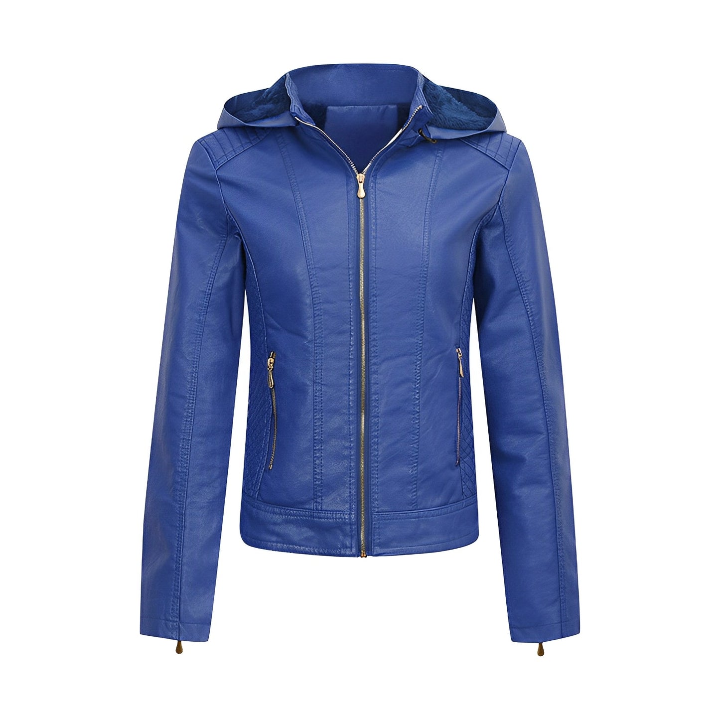 Faux Leather Fitted Zip-Up Jacket with Hood and Quilted Details