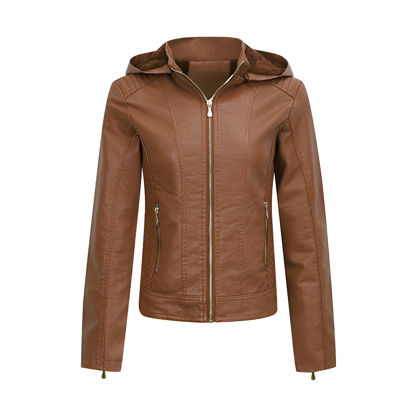 Faux Leather Fitted Zip-Up Jacket with Hood and Quilted Details