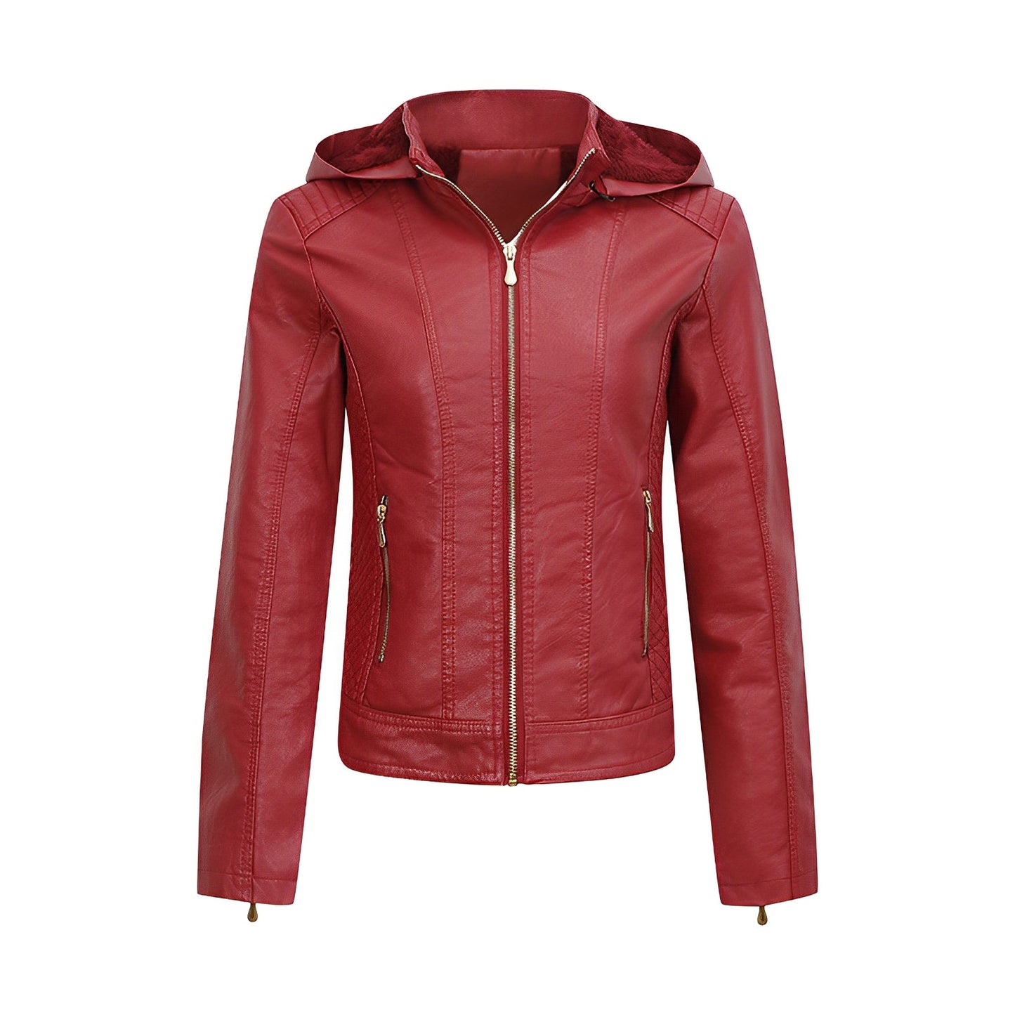 Faux Leather Fitted Zip-Up Jacket with Hood and Quilted Details