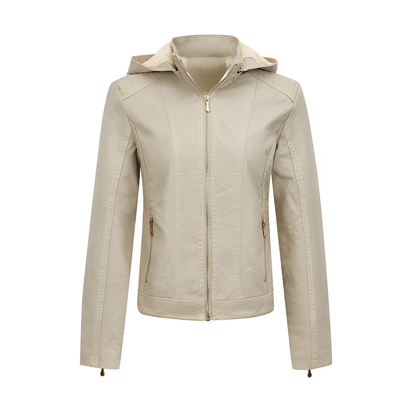 Faux Leather Fitted Zip-Up Jacket with Hood and Quilted Details