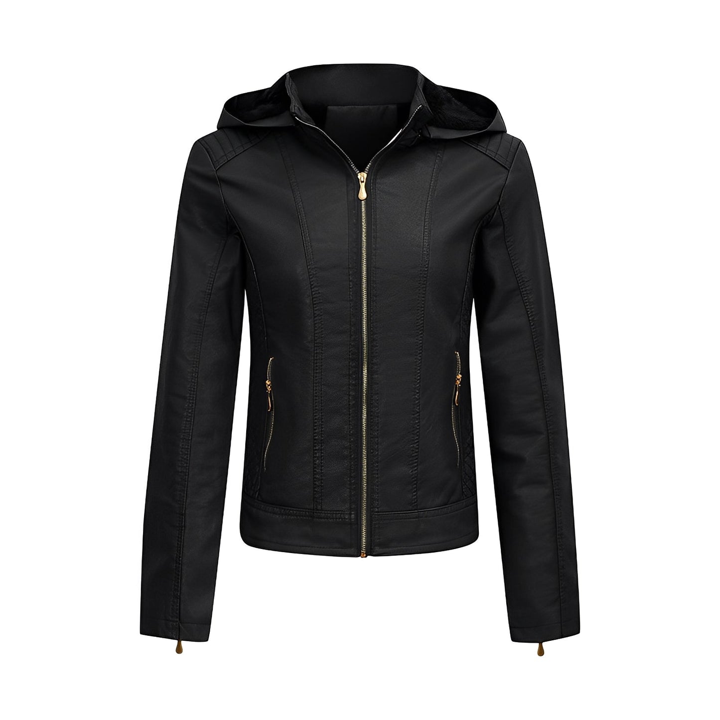 Faux Leather Fitted Zip-Up Jacket with Hood and Quilted Details