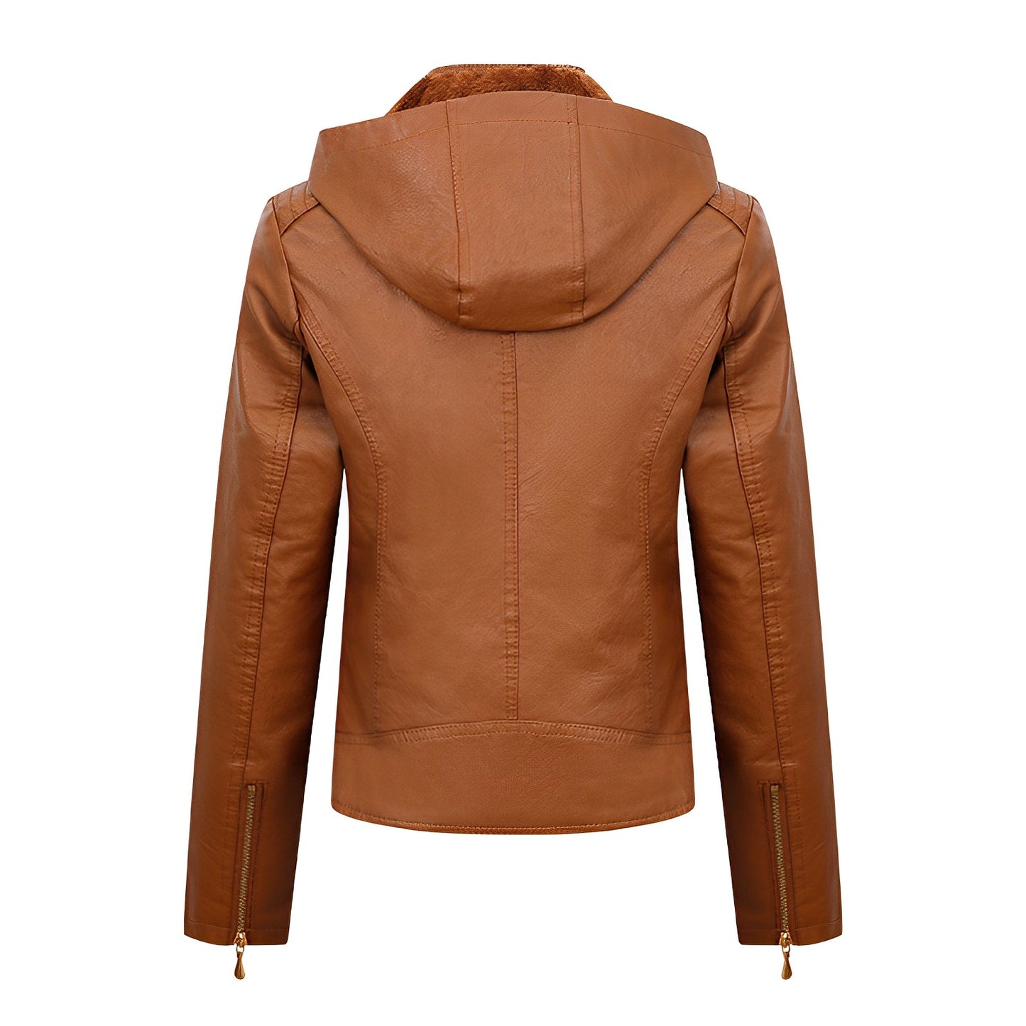 Faux Leather Fitted Zip-Up Jacket with Hood and Quilted Details