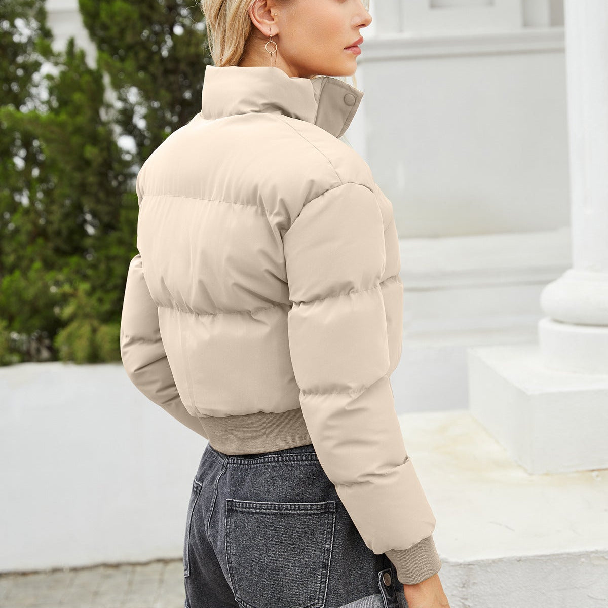 Cropped Quilted Puffer Jacket with High Neck, Water-Resistant