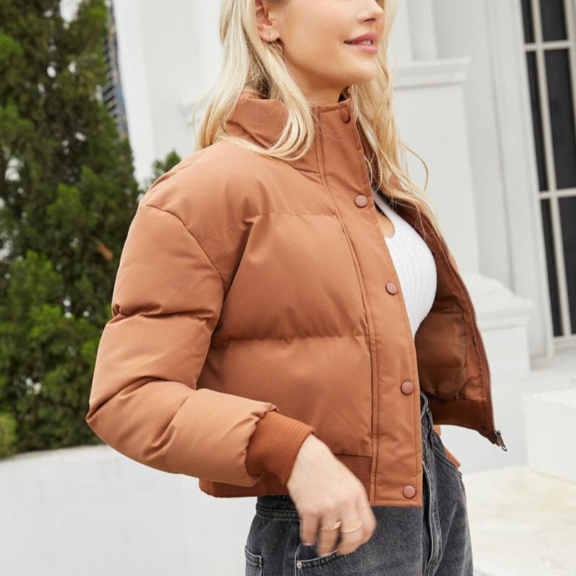 Cropped Quilted Puffer Jacket with High Neck, Water-Resistant