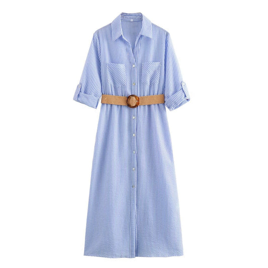 Cotton Blend Midi Shirt Dress with Belt and Pockets
