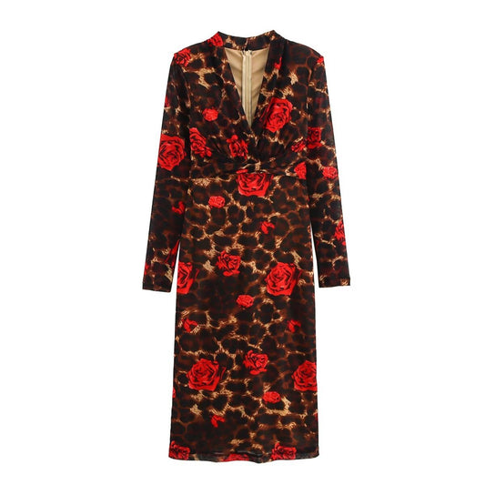 Floral V-Neck Long Dress in Satin-Like Fabric