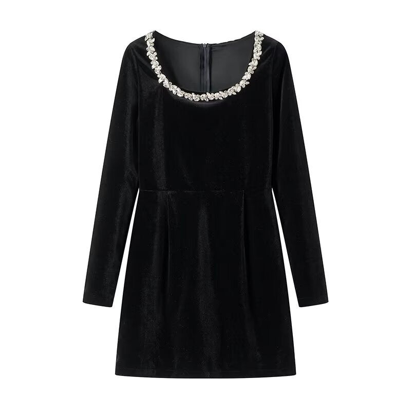 Long Sleeve A-Line Dress with Embellished Neckline