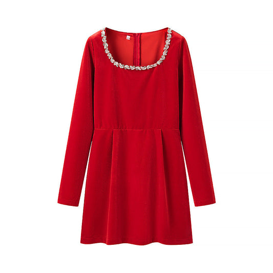 Long Sleeve A-Line Dress with Embellished Neckline