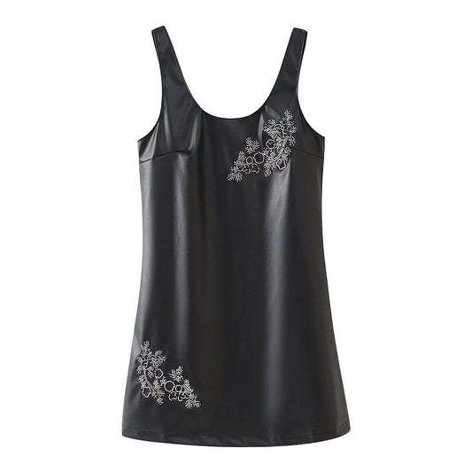 Faux Leather Mini Dress with Fitted Silhouette & Embroidered Straps