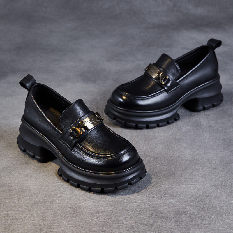 Women’s Loafers – Genuine Leather – Chunky Platform Sole – Metallic Detail – Structured Fit