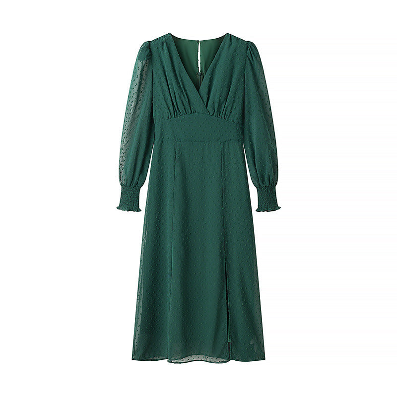 Jacquard Wrap V-Neck Dress with Sheer Long Sleeves