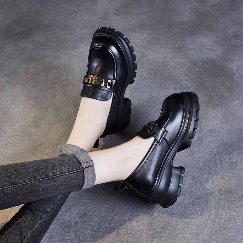 Women’s Loafers – Genuine Leather – Chunky Platform Sole – Metallic Detail – Structured Fit