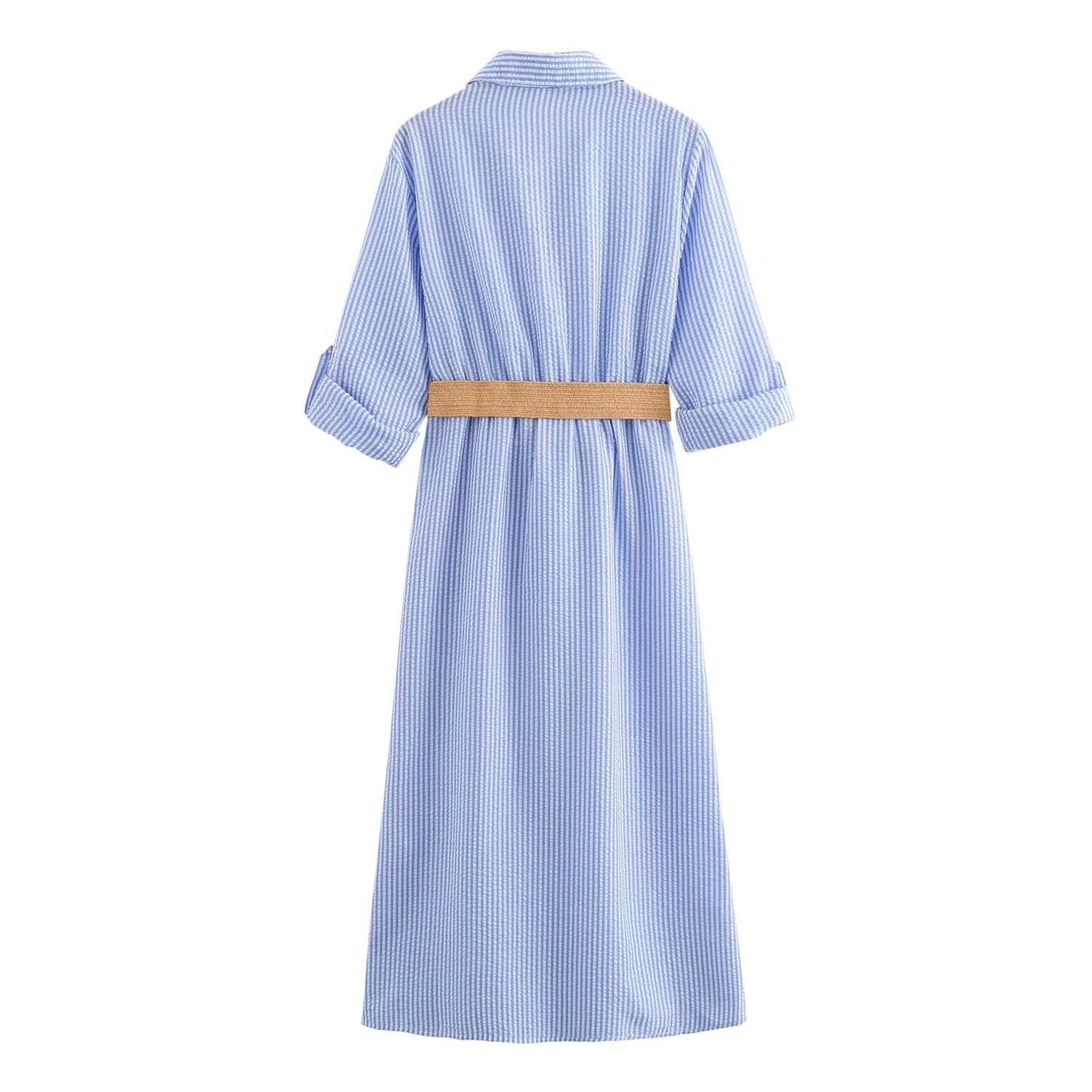 Cotton Blend Midi Shirt Dress with Belt and Pockets