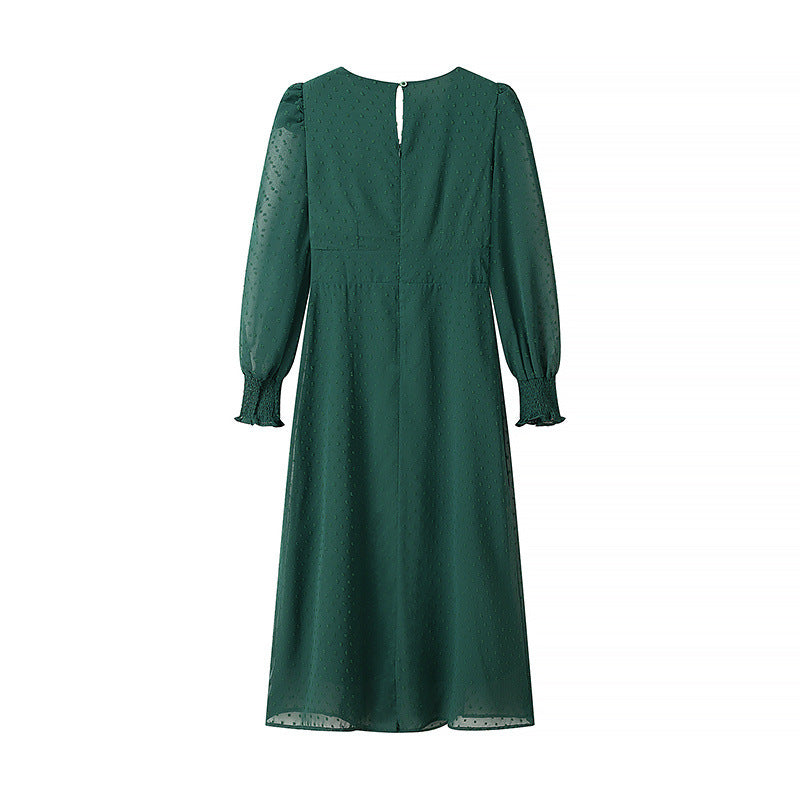 Jacquard Wrap V-Neck Dress with Sheer Long Sleeves