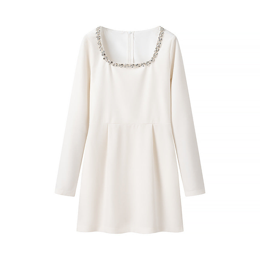 Long Sleeve A-Line Dress with Embellished Neckline