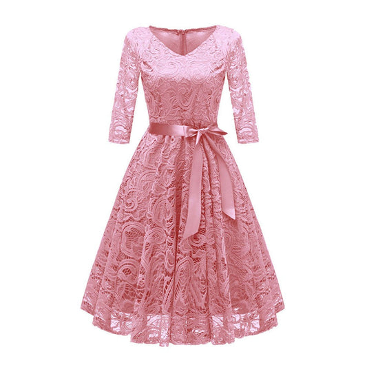 Lace Fit and Flare Midi Dress with V-Neck and 3/4 Sleeves