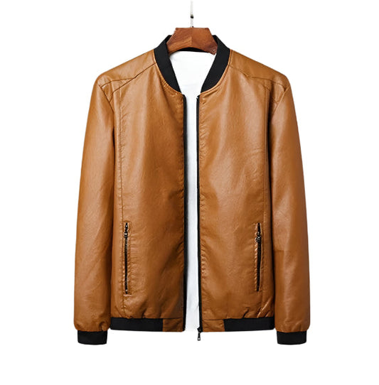 Men's Straight Cut PU Leather Jacket with Zipper Front