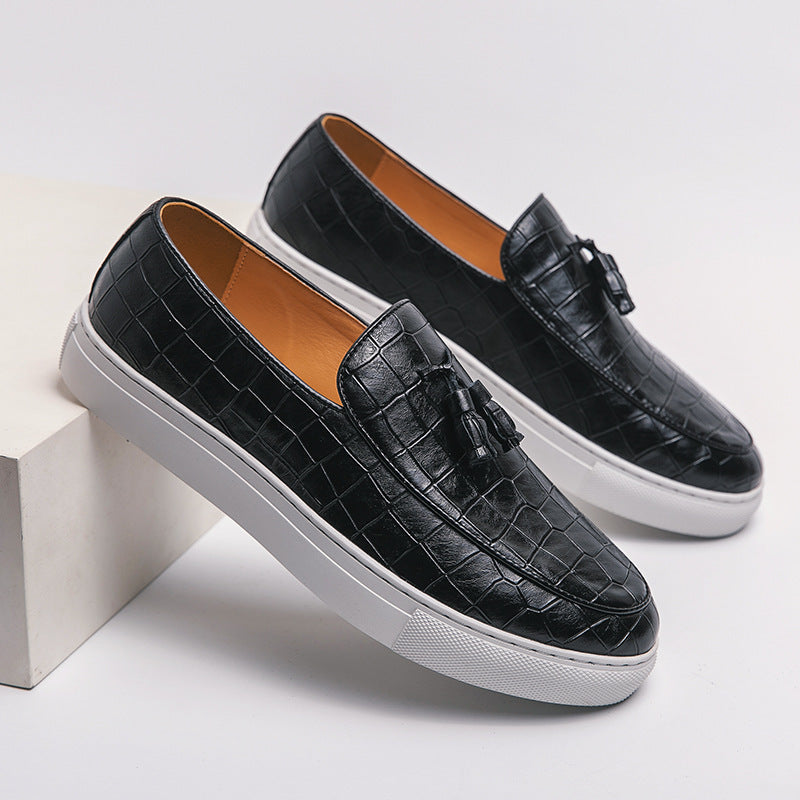 Men’s Loafers – Faux Leather – Crocodile Embossed – Slip-On Tassel Dress Shoe