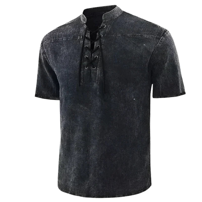 Men's V-Neck Lace-Up Short Sleeve Casual Shirt in Cotton Blend